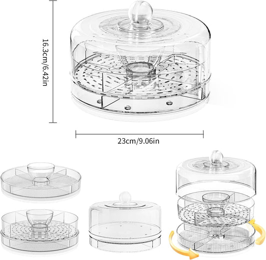 Compact Multifunc Chilled Serving Tray with Clear Rotating Lid,9 Inch Fruit Platter Tray for Parties and Small Cake Stand with Ice Storage Four Compartment Platter for Veggie Sushi Snacks Cupcakes