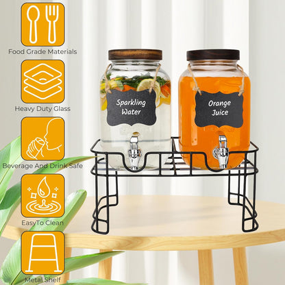 Glass Drink Dispensers For Parties, 2 PACK 1 Gallon Beverage Dispenser With Stand And Spigot Leak proof. Lemonade Dispenser With Ice Cylinder and Chalk board