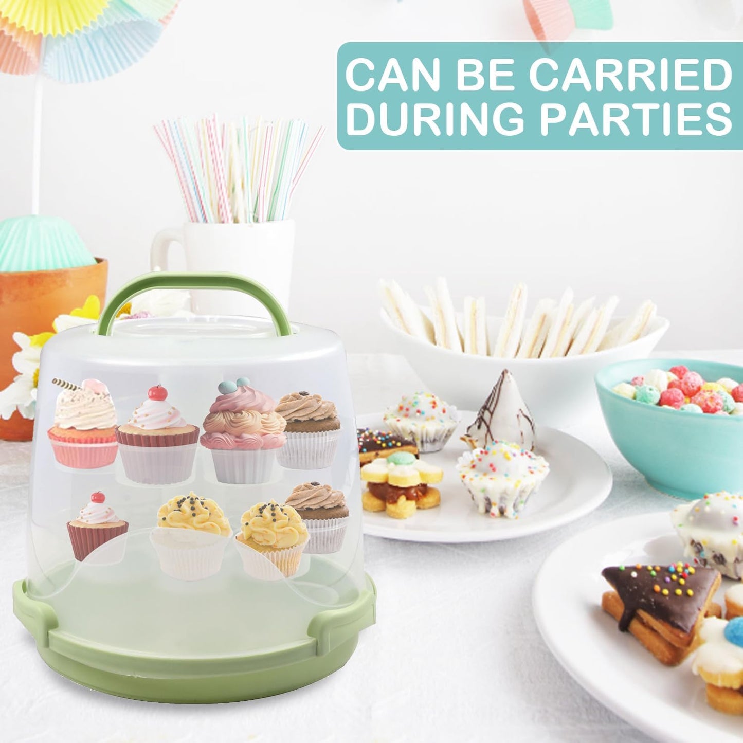 Cake Carrier Round Cake Stand Plus Height Cake Container with Cupcakes Pad, Handle, Lid Reusable Package Box for Transporting Desserts,Pie,Toast,Fruit (10" Black)