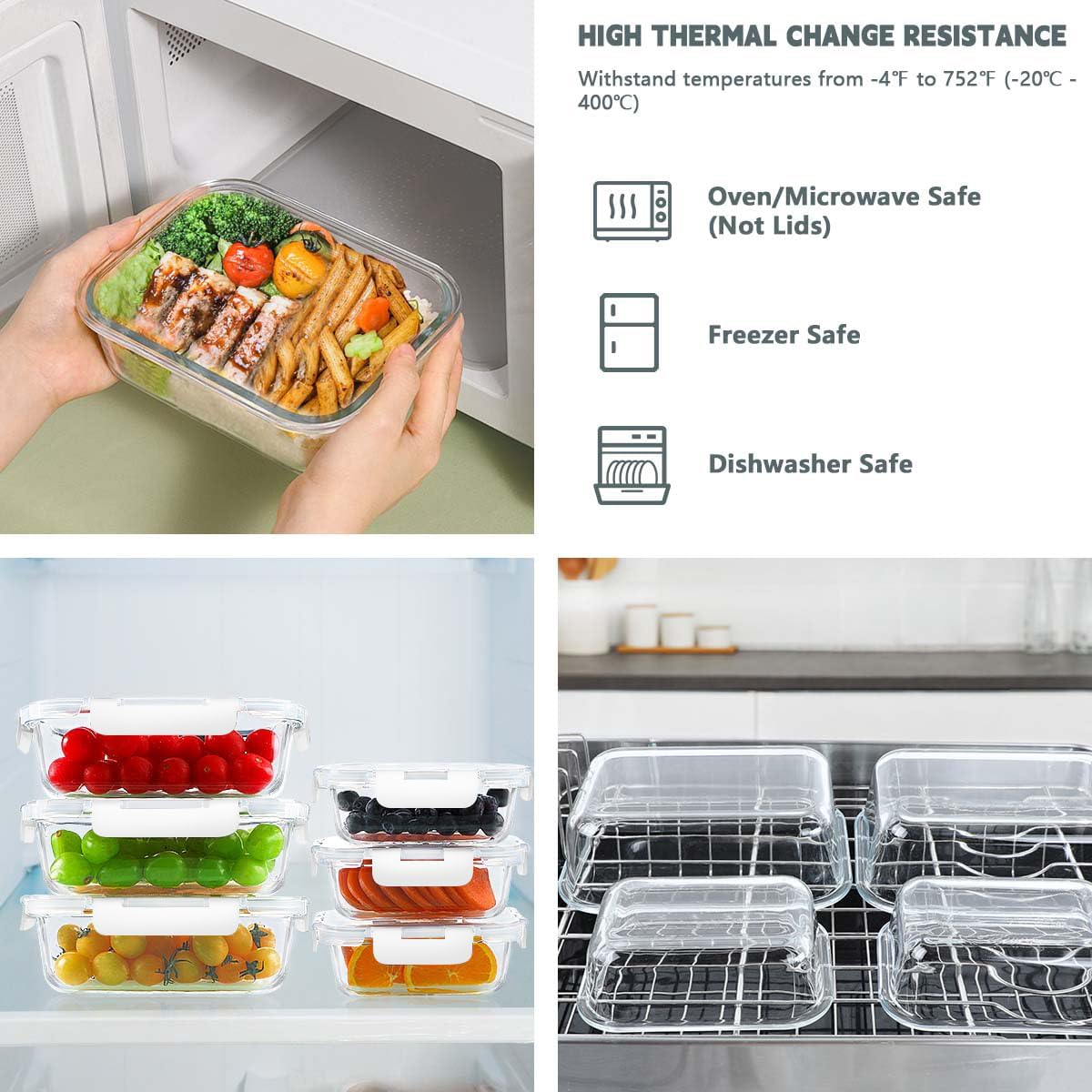 KAMOTA Glass Food Storage Containers, 10 Pack Glass Meal Prep Containers, Airtight Containers with Snap-Lock Lids, 34 oz and 13 oz white Container Set with Lids, for Microwave/Oven/Freezer