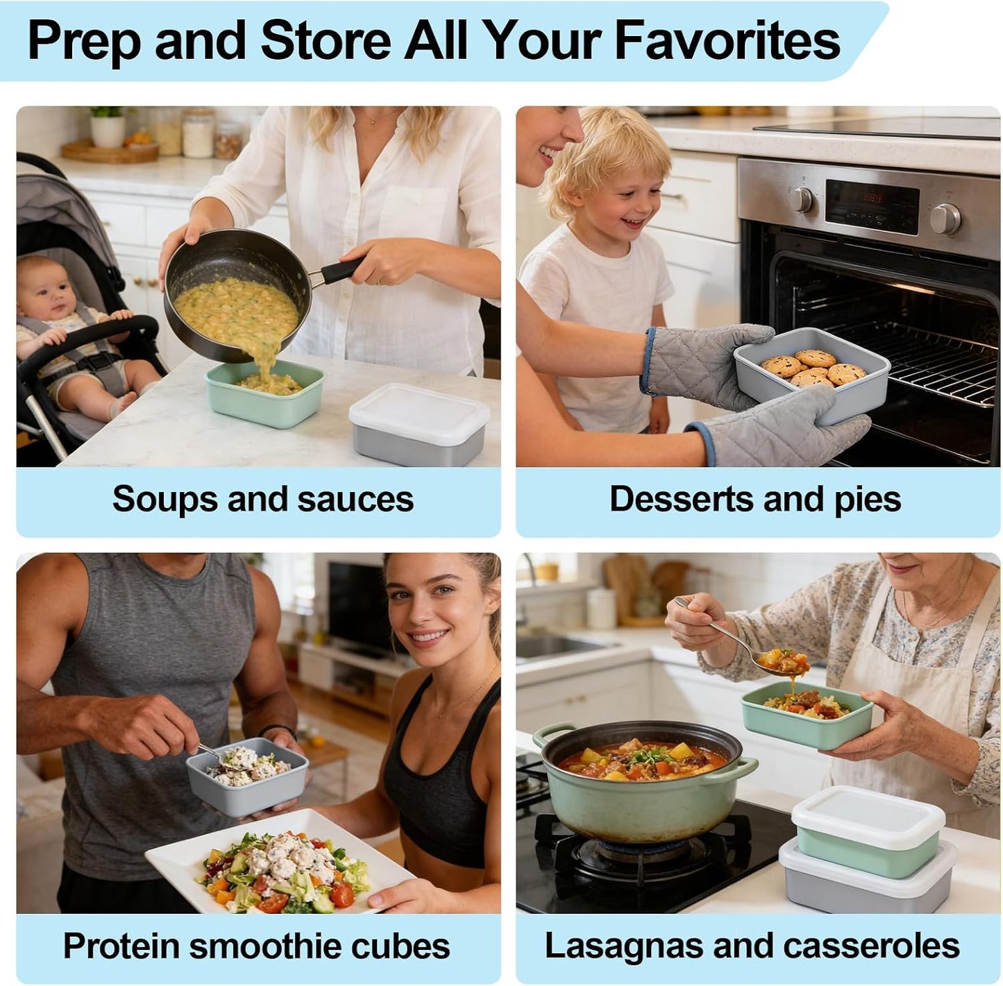 Silicone Freezer Trays with Lid, 1 & 2 Cup Meal Prep Molds 4 Pack | Portion Control Soup Containers | Airtight Stackable Freezer Cubes | BPA-Free Dishwasher Oven Safe, with Freezer Bags& Labels