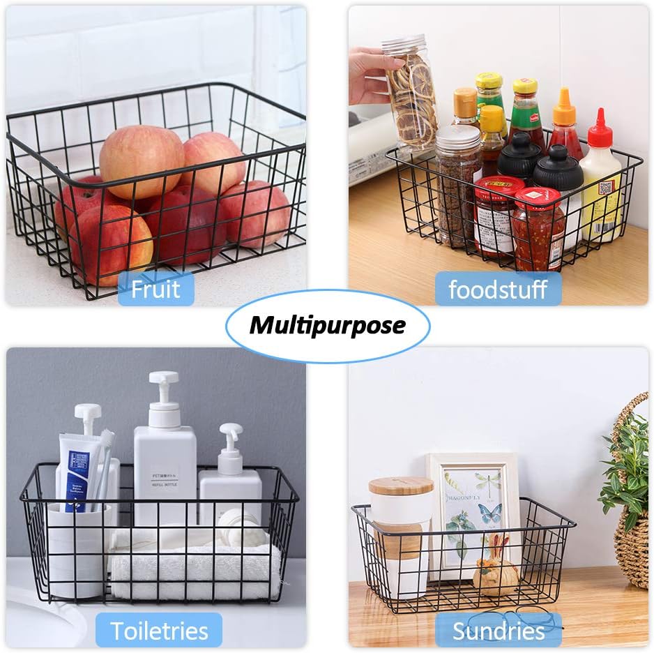 Metal Wire Baskets, Dveda 6 Pack 11.02" x 8.7" x 4.7" Durable Metal Storage Basket, Black Wire Basket with Handles for Cabinets, Pantry Storage, Bathroom, Shelf Organizing