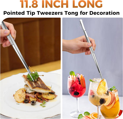 12 Inch Kitchen Tweezer Tongs, 2 PCS Stainless Steel Round & Precision Pointed Tip Extra Long Tweezers Multi-Use Kitchen Tweezers for Cooking, BBQ, plating, Grilling & Food Prep