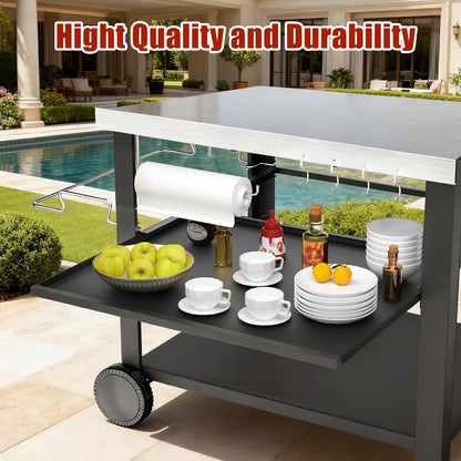 Upgraded Pizza Oven Cart Table for Ooni Koda/Karu/Fyra 16 & 12, Movable Thicken & Widen Rolling Kitchen Cart, Outdoor Grill Stand for Ninja Woodfire,Blackstone Griddle,Barbecue Tool Set
