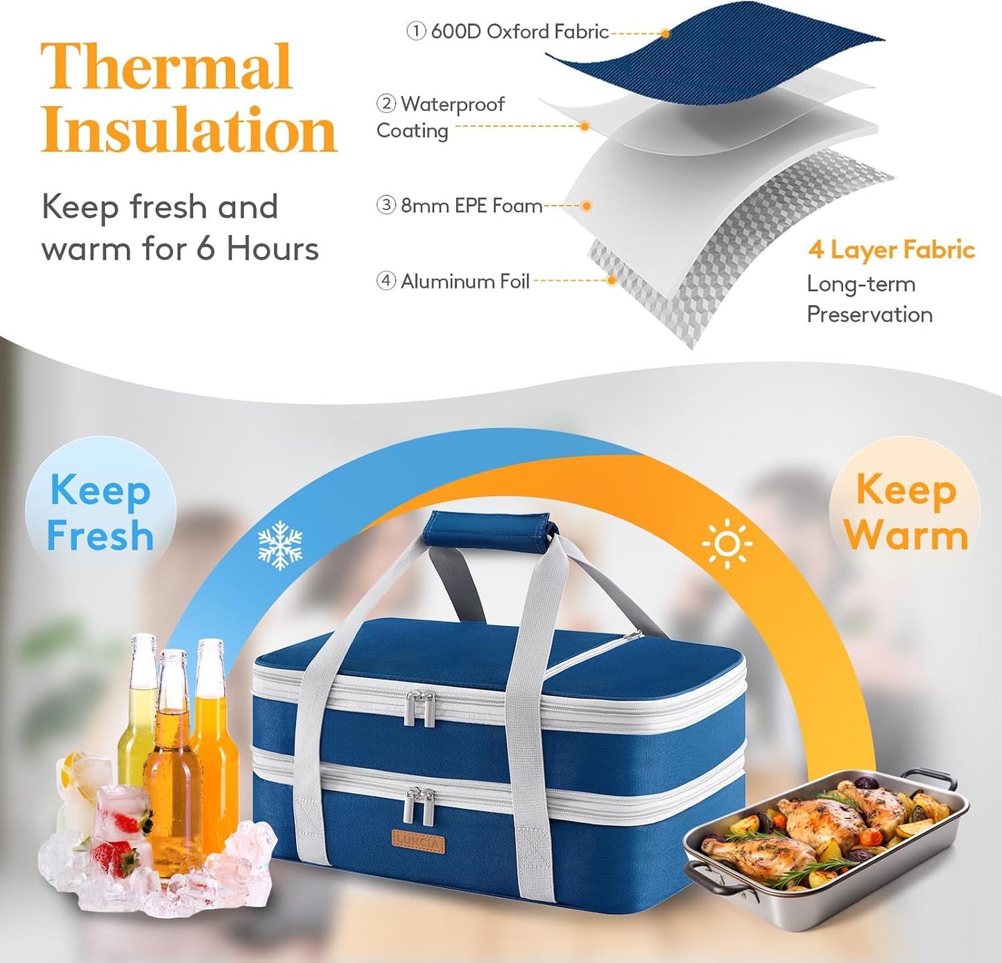 LUNCIA Insulated Single Decker Casserole Carrier, Lasagna Lugger Tote Keeps Food Hot or Cold, Thermal Lunch Bag for Potluck Parties, Picnic and Cookouts, Fits 9" x 13" Baking Dish, Black