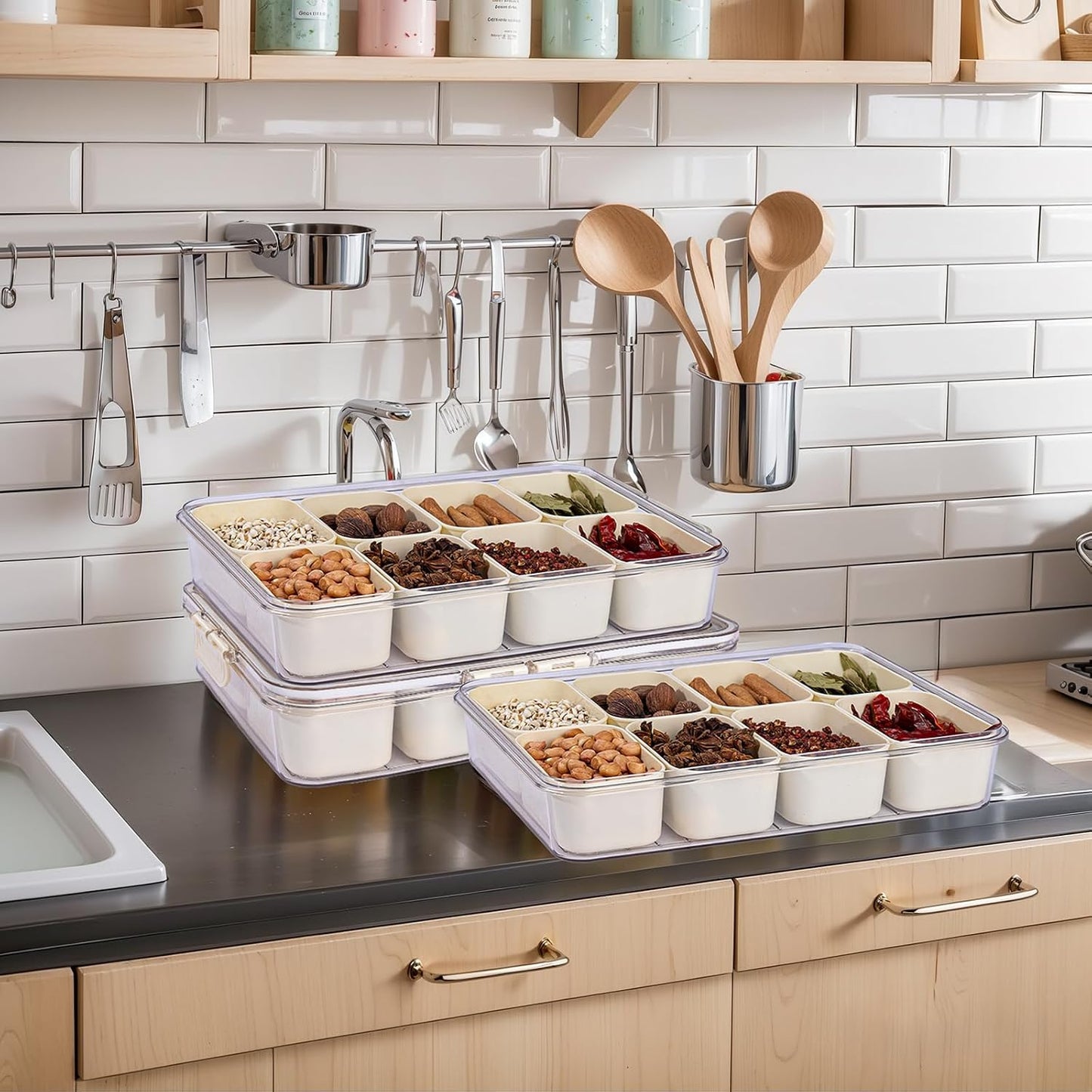 U-QE Dishwasher Safe Snackle Box Container with 8 Small Snacks Box - Premium Ivory Plastic Divided Serving Tray with Lid and Handle for Snack, Veggie, Fruits, Perfect for Party, Picnic, Entertaining