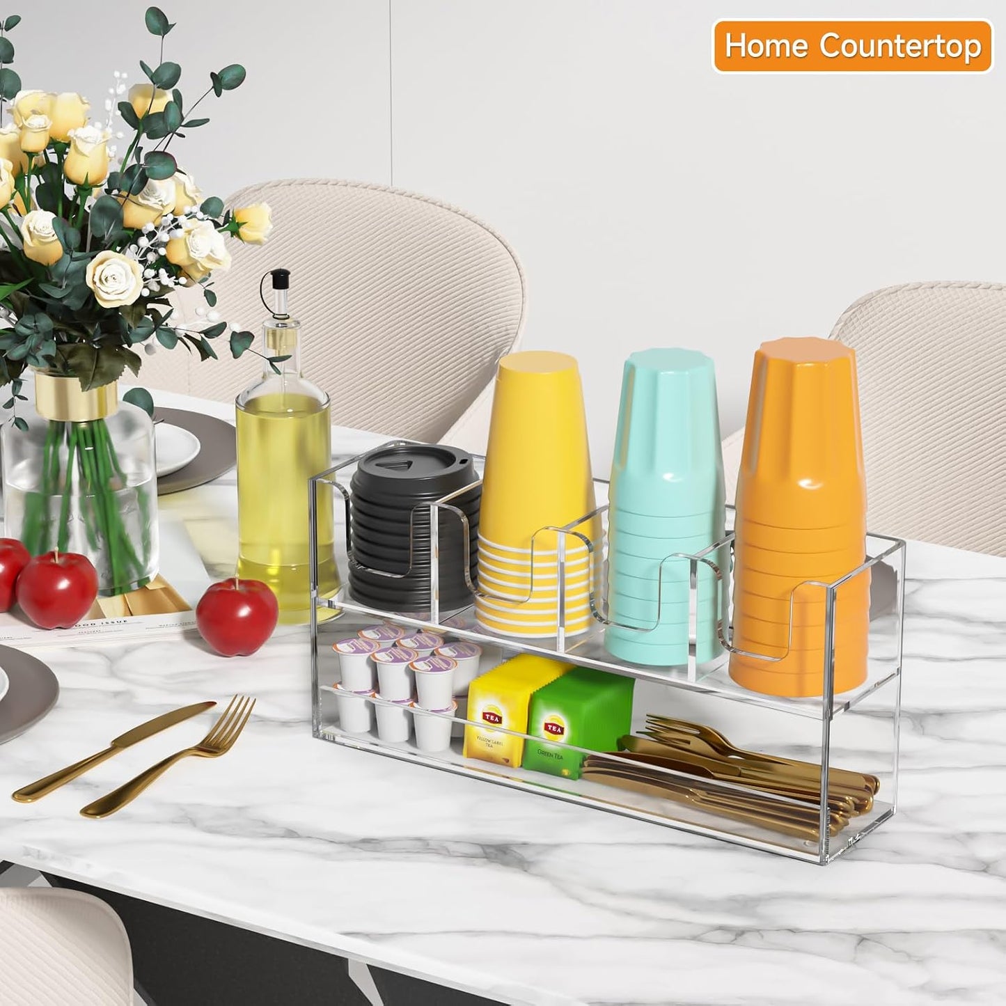 Beego 2-Compartment Cup Holder for Countertop - 2-Tier Clear Acrylic Cup Dispenser Coffee Station Paper Cup and Lid Organizer Condiment Storage for Restaurant Breakroom Kitchen Bar Accessories