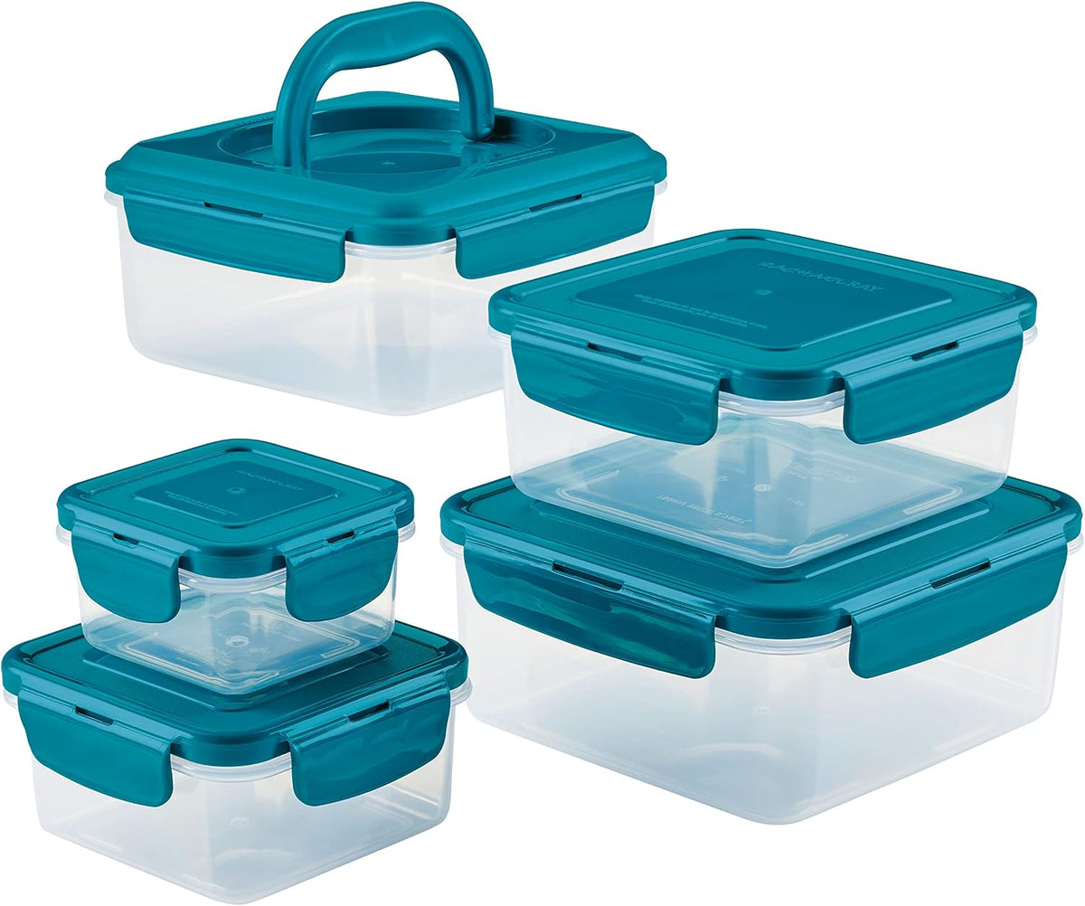 Rachael Ray Leak-Proof Nestable Container Food Storage Bin Set, 10-Piece, Clear with Teal Lids