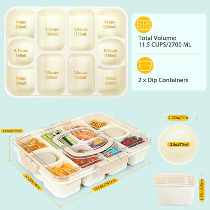 Caperci 2 Pack Snackle Box Container - Portable 10 Compartment Divided Snack Serving Tray with Lid & Handle, Built-in 4 Leak-Proof Sauce Containers, Dishwasher Safe, BPA-Free(Milky White)