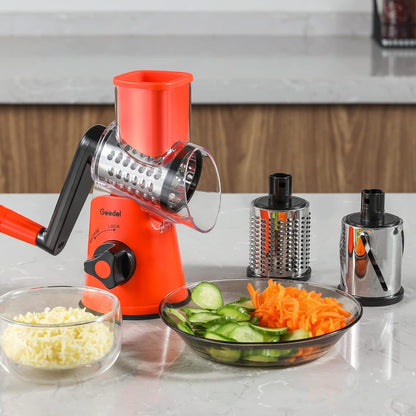 Geedel Rotary Cheese Grater, Kitchen Mandoline Vegetable Slicer with 3 Interchangeable Blades, Easy to Clean Rotary Grater Slicer for Cheese, Vegetables, Nuts