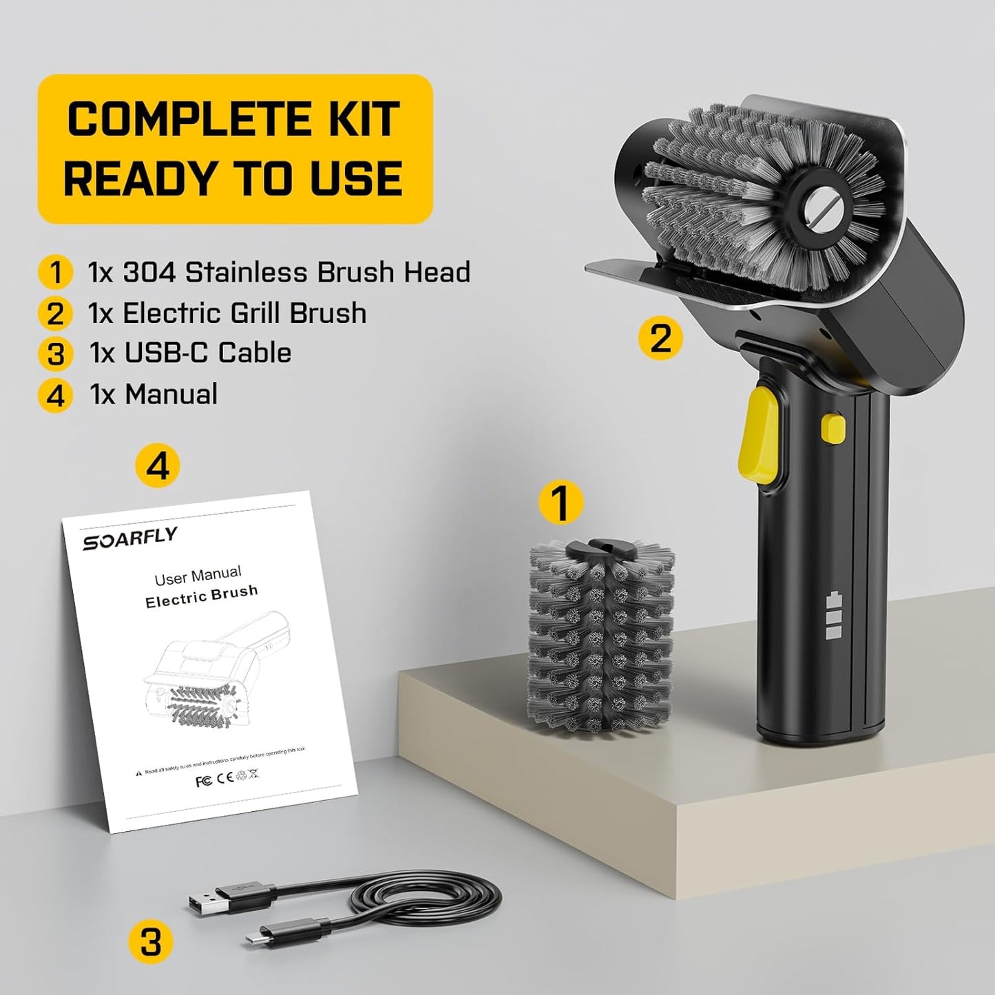 SOARFLY Electric BBQ Grill Brush, 800RPM Grill Cleaner for Outdoor Grill with 2-Speed & 20kg Torque–Last 3.5H, Dual LED Light for Night, No Bristle Drop Safe for Cast Iron Stainless, Gifts for Men Dad
