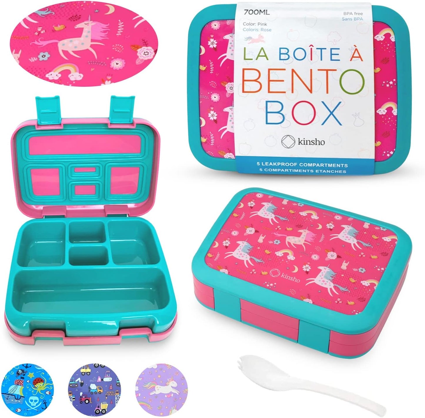 Kinsho Bento Lunch Box for Kids Toddlers, 5 Portion Control Sections, BPA Free Removable Plastic Tray, Pre-School Kid Toddler Daycare Lunches, Snack Container Ages 3 to 7 (Blue Space Rockets)