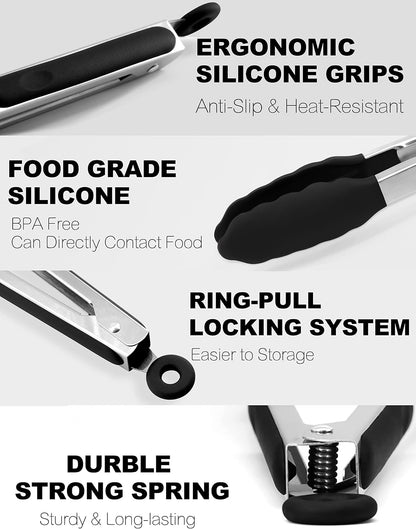 Anaeat Premium Kitchen Locking Tong Set of 3 - Heavy Duty Stainless Steel Food Tongs with Long Handle & Non-Slip Silicone Grip for Cooking, Baking, Grilling - Heat Resistant up to 480°F