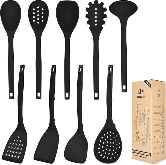 Silicone Cooking Utensils Set, 9 Pcs Heat Resistant Kitchen Utensils with Back Hooks, BPA Free Kitchen Tools with Spatulas, Spoons, Skimmer and Pasta Fork for Non Stick Cookware(KHAKI)