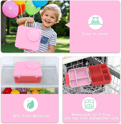 Bento Lunch Box Set for Kids with 8oz Soup Thermo, Leak-Proof Lunch Containers with 4 Compartment, Thermo Hot Insulated Food Jar and Foldable Fork Spoon, for Kids to School (pale pink)