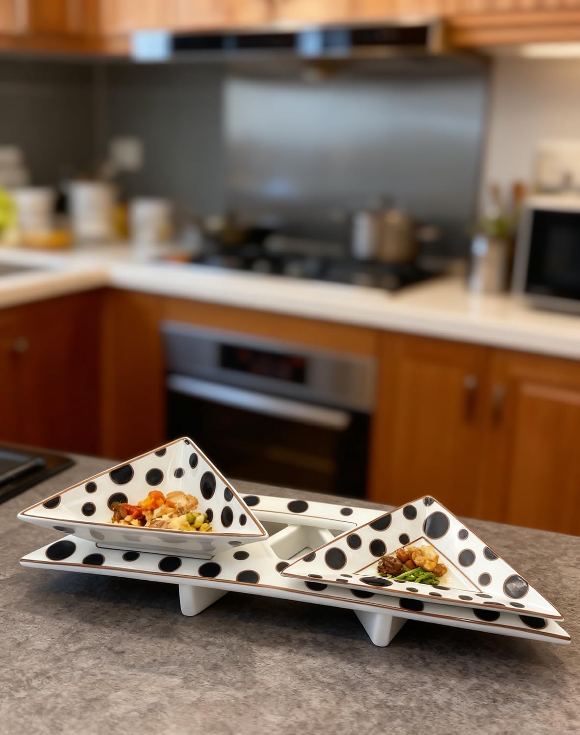 Porlien Triangle Porcelain Divided Serving Tray Set of 3 with Stand, Black and White Polka Dot Serving Platters, Small Plates for Desserts, Appetizers,Snacks, Fruits,Chips & Dip
