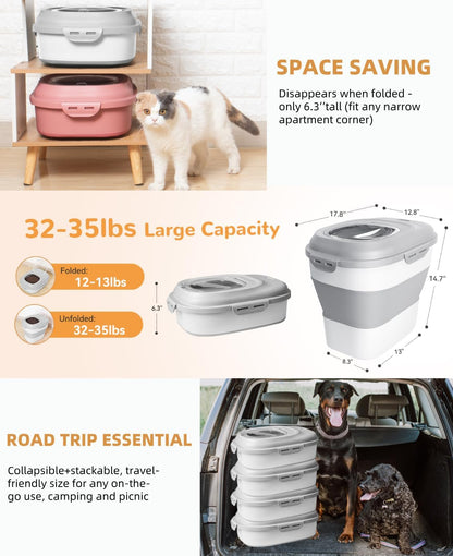 30-35 Lbs Dog Food Storage Container Collapsible Dog Food Container with Airtight Lids, Wheels, Scoop and 2pcs Food Storage Containers, Large Pet food storage for Dog, Cat