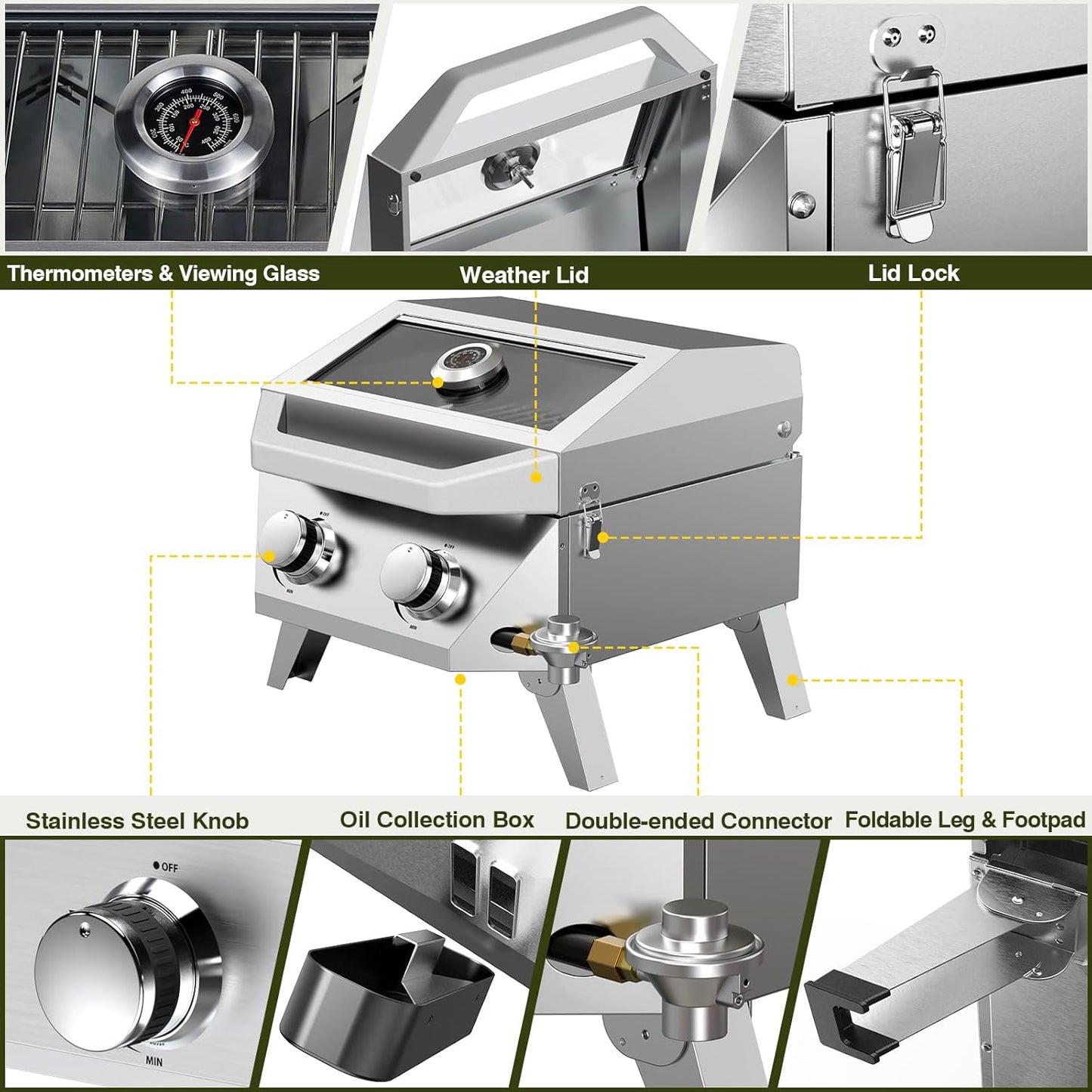 BESTFIRE 2-Burner Tabletop Propane Grill with Foldable Grill Cart, Portable Gas BBQ Station with Wheels & Prep Table, Dual-Fuel Setup for 1lb & 20lb Tanks, Stainless Steel Outdoor Kitchen for Camping