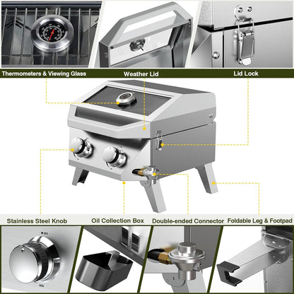 BESTFIRE 2-Burner Tabletop Propane Grill with Foldable Grill Cart, Portable Gas BBQ Station with Wheels & Prep Table, Dual-Fuel Setup for 1lb & 20lb Tanks, Stainless Steel Outdoor Kitchen for Camping