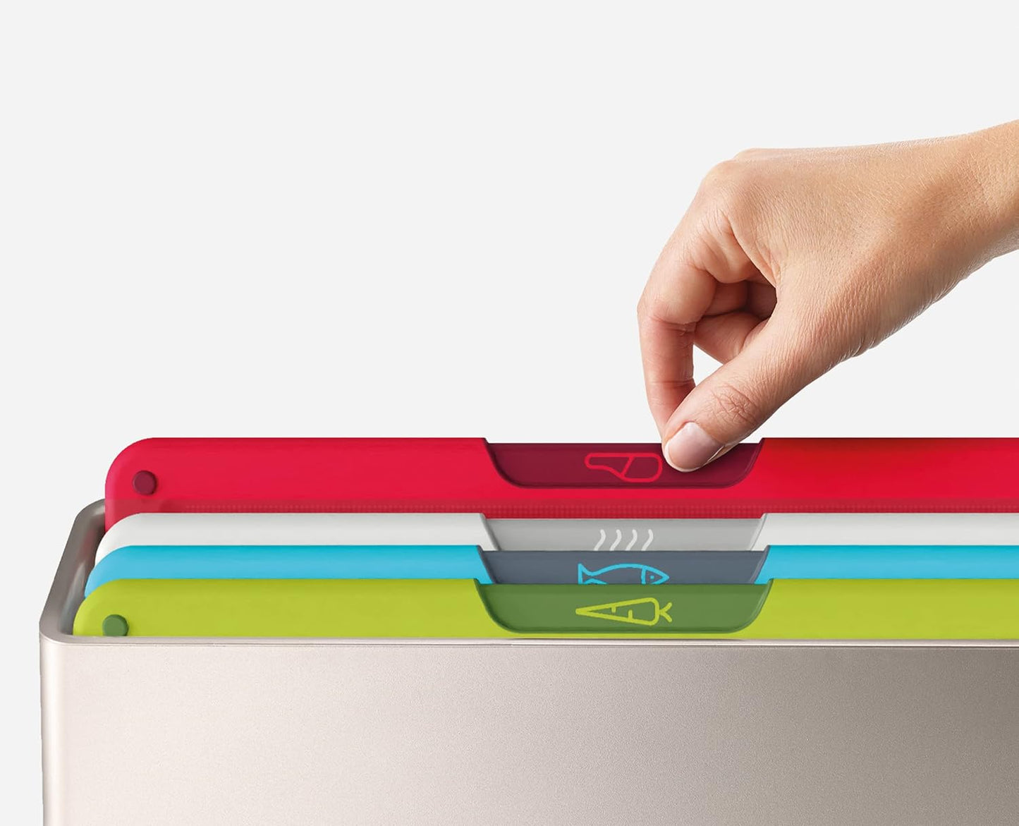 Joseph Joseph Folio Icon 4-Piece Multi Colour coded Cutting Board Set, Stainless Steel Slimline case for organized Kitchen storage, Silver