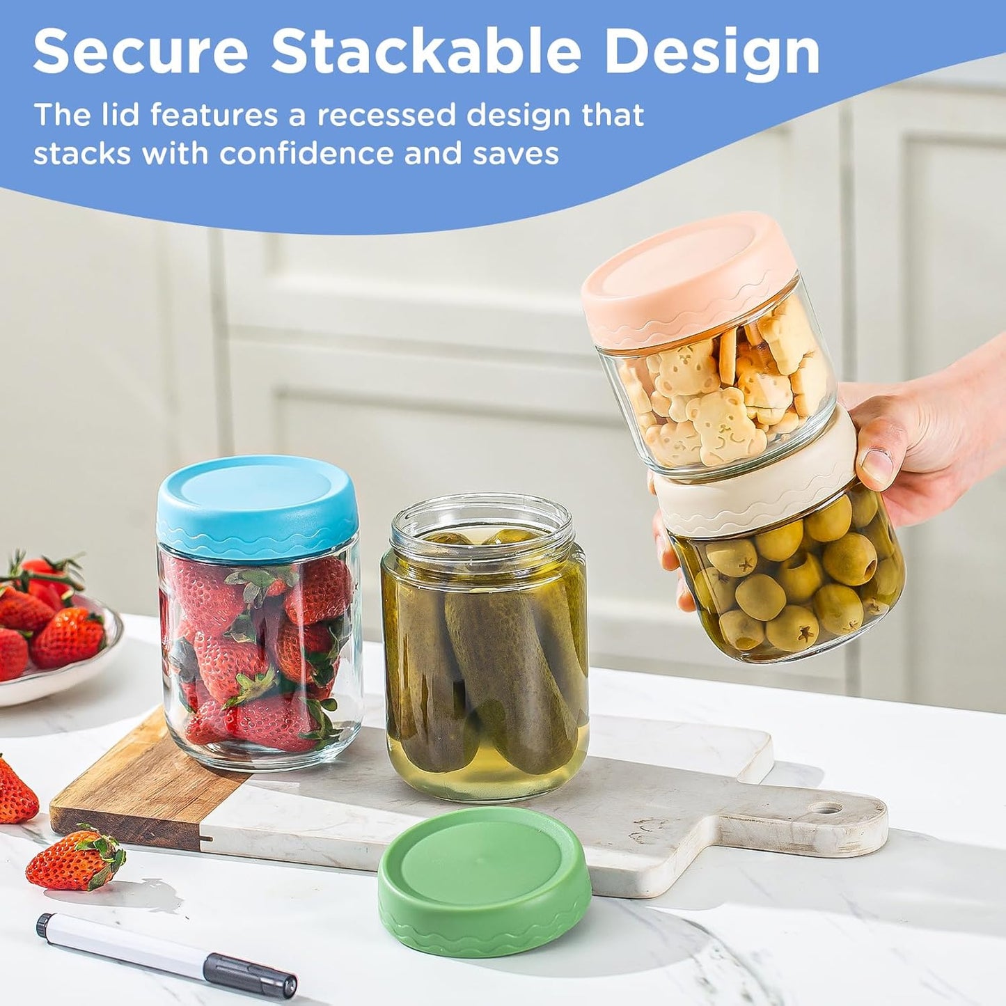 DRKIO 16 Oz Overnight Oats Containers with Lids - 6 Pack Glass Storage Jars with Airtight Lids Wide Mouth Mason Food Jars Great for Meal Prep Salad Chia Pudding Snacks Yogurt Sugar Spice Cereal