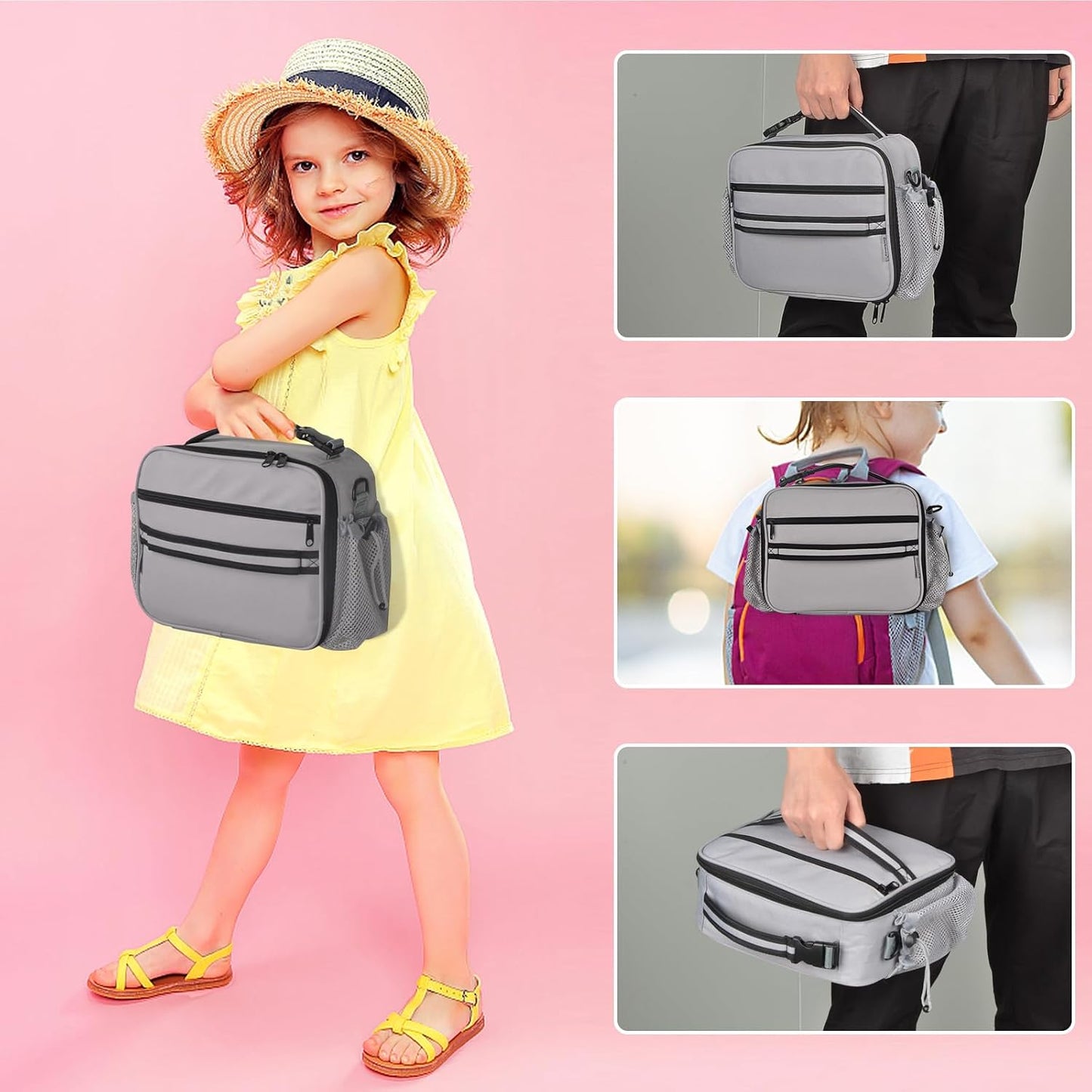 Cerbonny Kids Lunch Box, Insulated Lunch Bag for Girls and Boys, Durable Polyester with PEVA Lining, Adjustable Shoulder Strap, 10.8"L x 4"W x 8.8"H, 5 Pockets