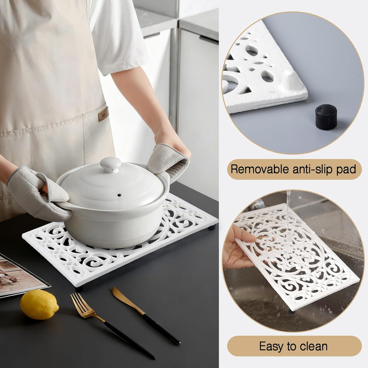 Notakia 9.6 x 6.3 Inch Cast Iron Trivet Set, Large Metal Trivets for Hot Dishes Pots Pans Decorative Kitchen Trivets, Heat-Resistant Trivet Mats for Quartz Countertops, Green Kitchen Accessories