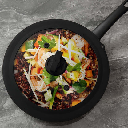 Vented Tempered Glass Universal Lid for Pot Pan Skillet with Heat Resistant Silicone Rim Microwave Splatter Lid Cover Microwave Safe Fit 11.5" 12" 12.5" Cookware, Dishwasher Safe Grey