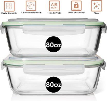 Razab 10 Cups/ 80 Oz 4 Pc (Set of 2) Glass Food Storage Containers with Airtight Locking Lids-For Storing & Serving Food. BPA Free & Leak Proof - Microwave, Dishwasher, Fridge, Freezer and Oven Safe