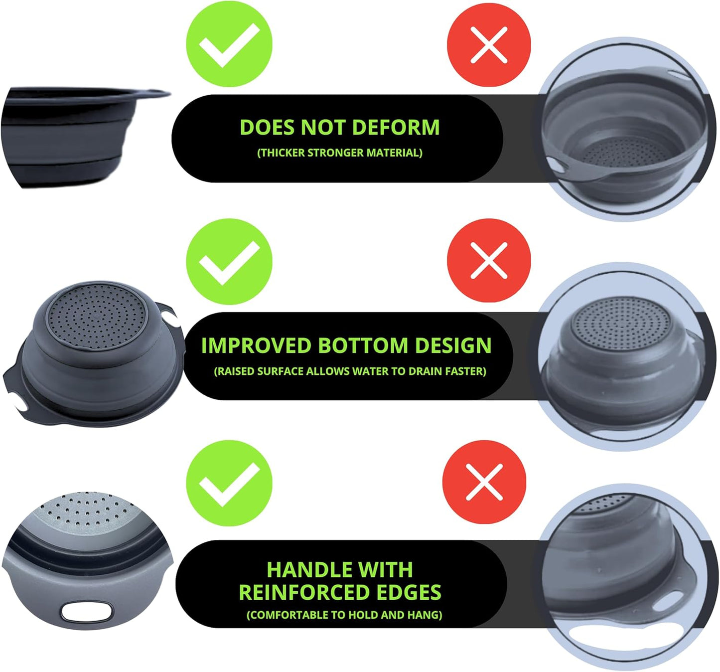 3PCS Green Foldable Kitchen Strainer Set – Silicone Colander Collapsible Strainers and Colanders Green Collander for Kitchen Collapsible Compact Drain Tools for Cooking Prep