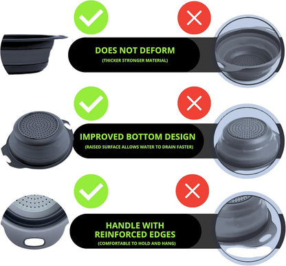 3PCS Green Foldable Kitchen Strainer Set – Silicone Colander Collapsible Strainers and Colanders Green Collander for Kitchen Collapsible Compact Drain Tools for Cooking Prep