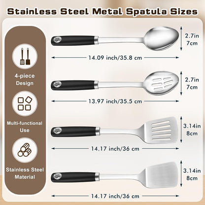 4 Pcs Cooking Utensils Set, Stainless Steel Kitchen Utensils, Heat Resistant Metal Kitchen Tools Include Solid & Slotted Turner Wok Spatula, Serving Spoon, Ergonomic Handle, Easy to Clean, Silver