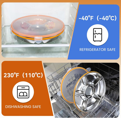 Divided Serving Tray with Lid, Stainless Steel Veggie Tray with Plastic Lid, Reusable Vegetable Platter, Snack Tray, Snackle Box for Party, Easy to Clean (6 Compartments, 60oz)