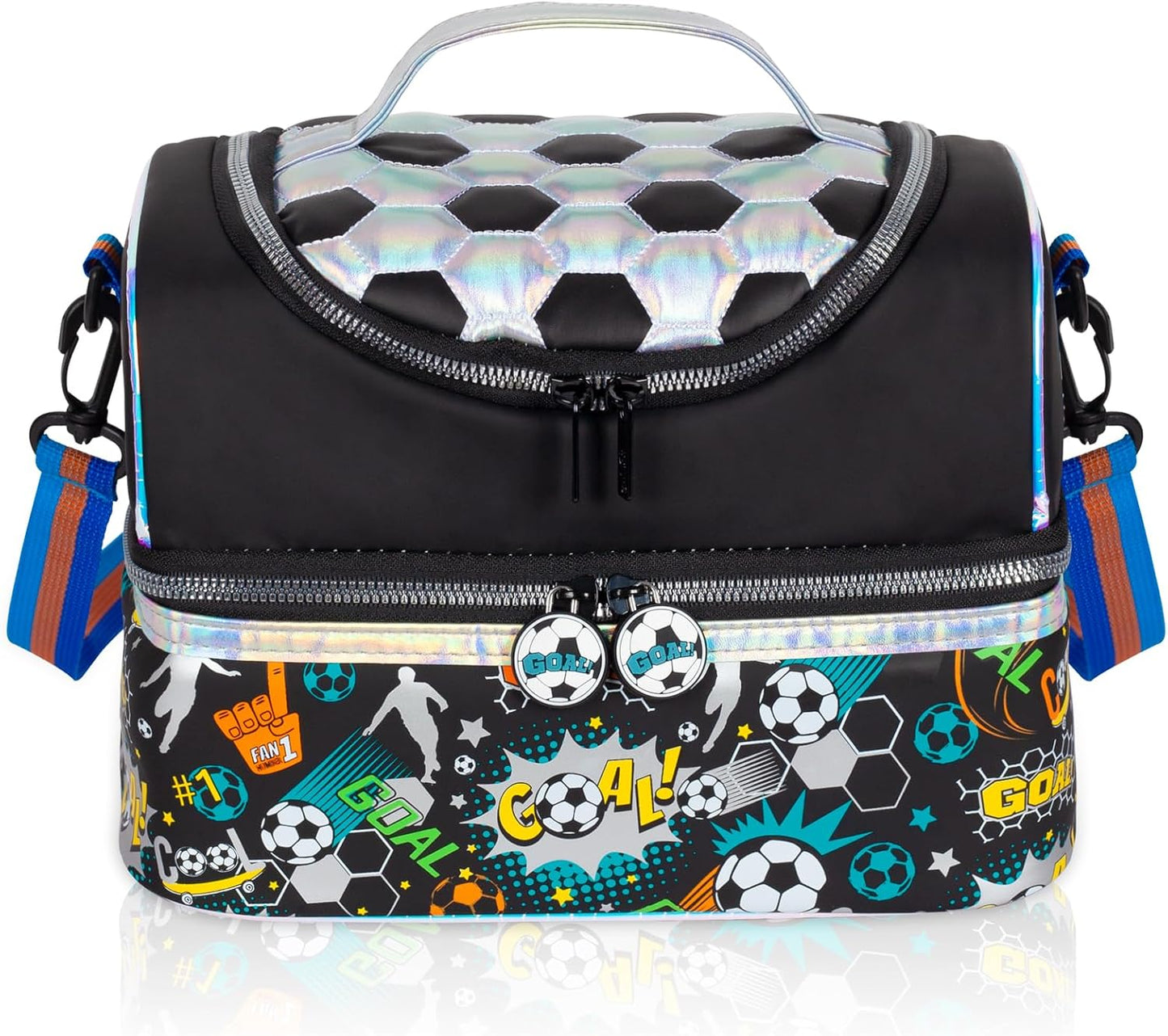 Kids Double Decker Cooler Insulated Lunch Bag, Back to School Large Meal Tote for Boys, Girls, Men, Women, with Adjustable Strap, Soccer