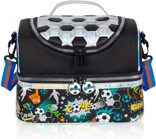 Kids Double Decker Cooler Insulated Lunch Bag, Back to School Large Meal Tote for Boys, Girls, Men, Women, with Adjustable Strap, Soccer