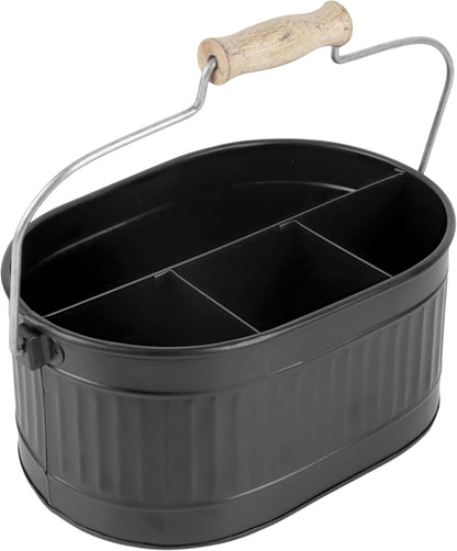 Alpha Living Home Galvanized Metal Utensil Caddy - Rustic Farmhouse Organizer Metal Garden Caddy with 4 Compartments and Wooden Handle for Kitchen, Buffet & Outdoor Events (Silver)