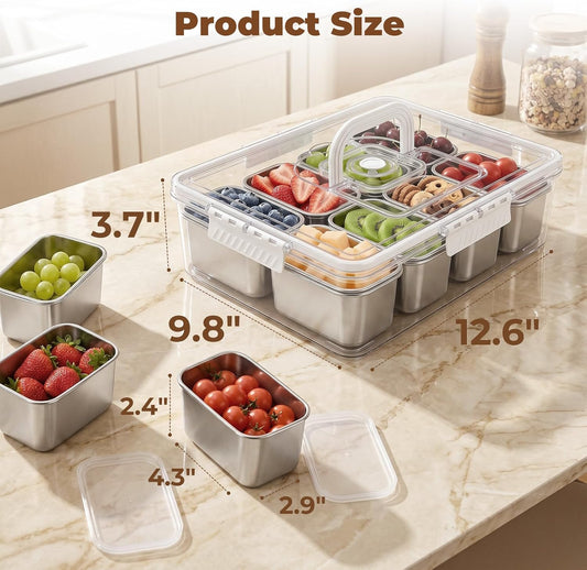 Homelove Snackle Box Container with ice-pack, Snack Container Divided Serving Tray with 8-Compartment Snack Platter, Lid and Handle, Food Organizer for Outdoor Travel Party Beach Picnic