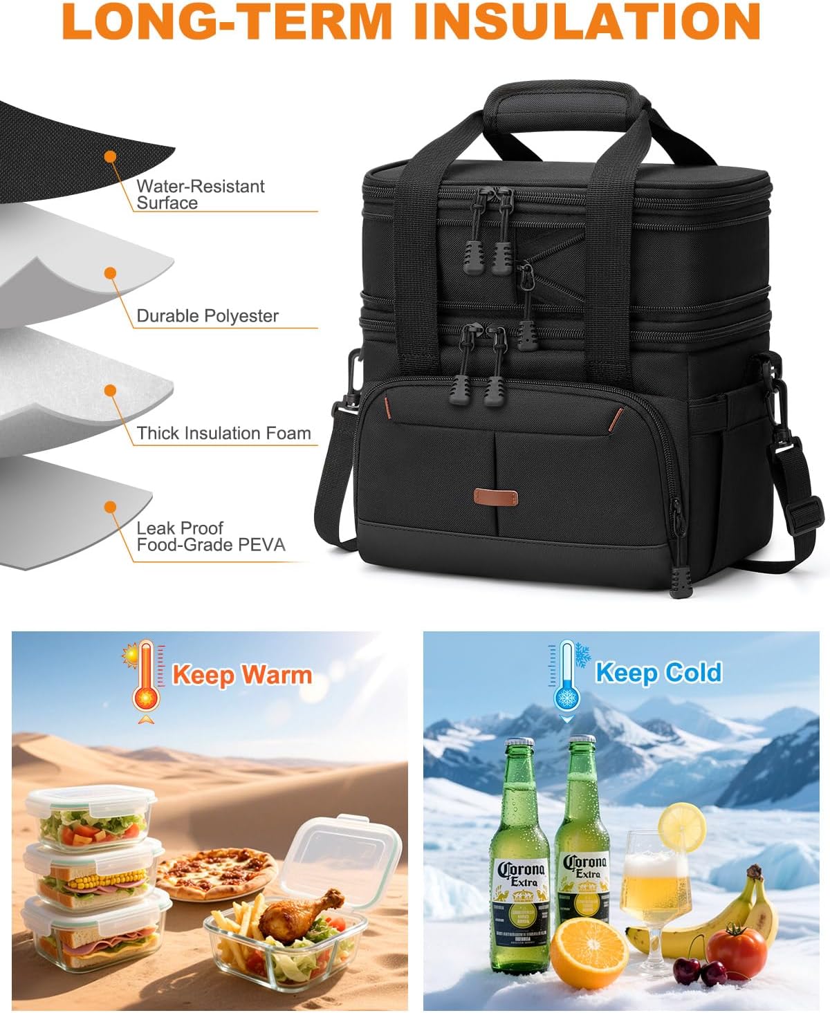 Pritent Lunch Box For Men Women Double Deck Insulated Lunch Bag For Men Woman Leakproof Expandable Cooler Bag with Adjustable Shoulder Strap for Kids Shool Work Picnic Camping(Beige,Large)