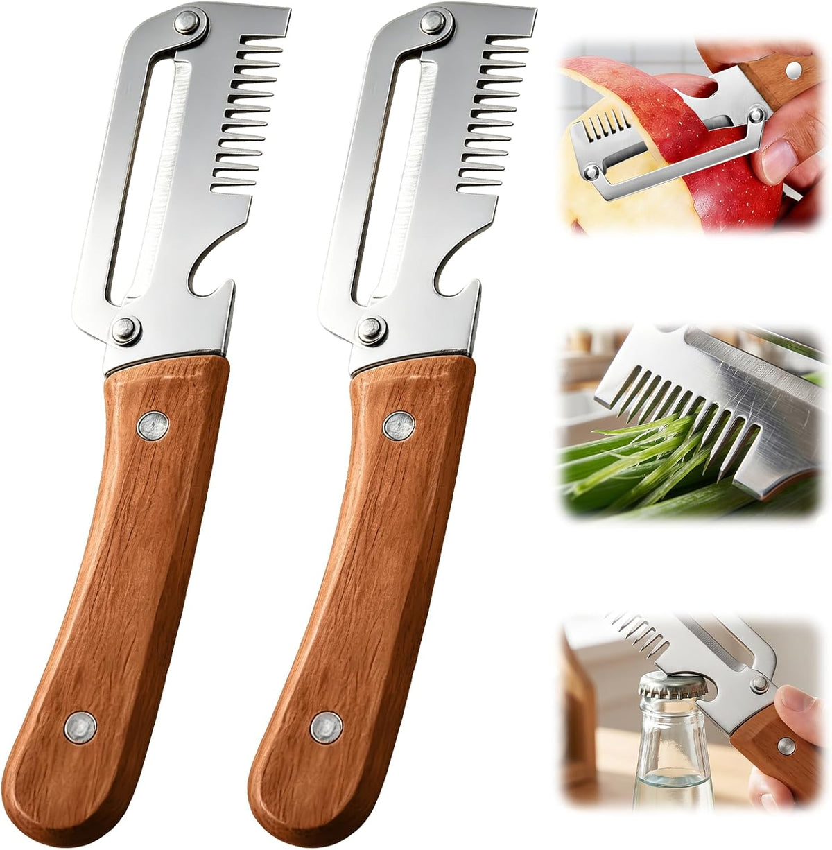 2026 Upgrade Vegetable Peeler With Wooden Handle, Stainless Steel Wide Blade Potato and Carrot Peeler, 3-in-1 Veggie Peeler With Scallion Shredder and Bottle Opener for Kitchen, Camping and Trave