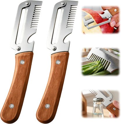 2026 Upgrade Vegetable Peeler With Wooden Handle, Stainless Steel Wide Blade Potato and Carrot Peeler, 3-in-1 Veggie Peeler With Scallion Shredder and Bottle Opener for Kitchen, Camping and Trave