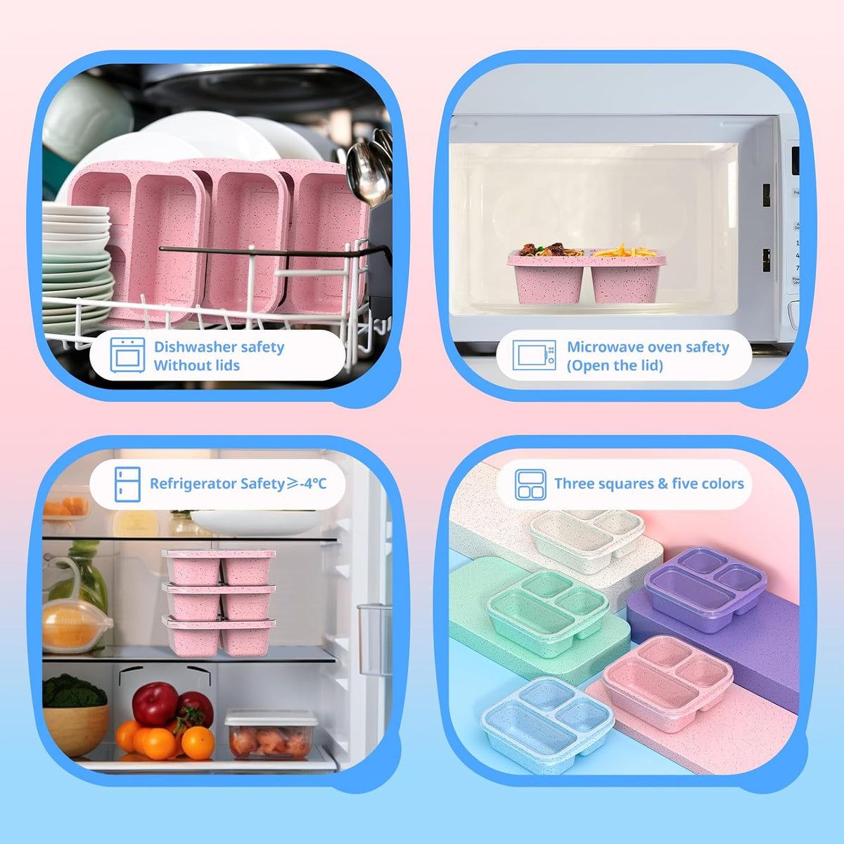 Snack Boxes (3 Pack) - Stackable Bento Boxes with 3 Compartments, Meal Prep Containers Reusable, Lightweight Lunch Containers for Kids and Adults, BPA Free (Blue)