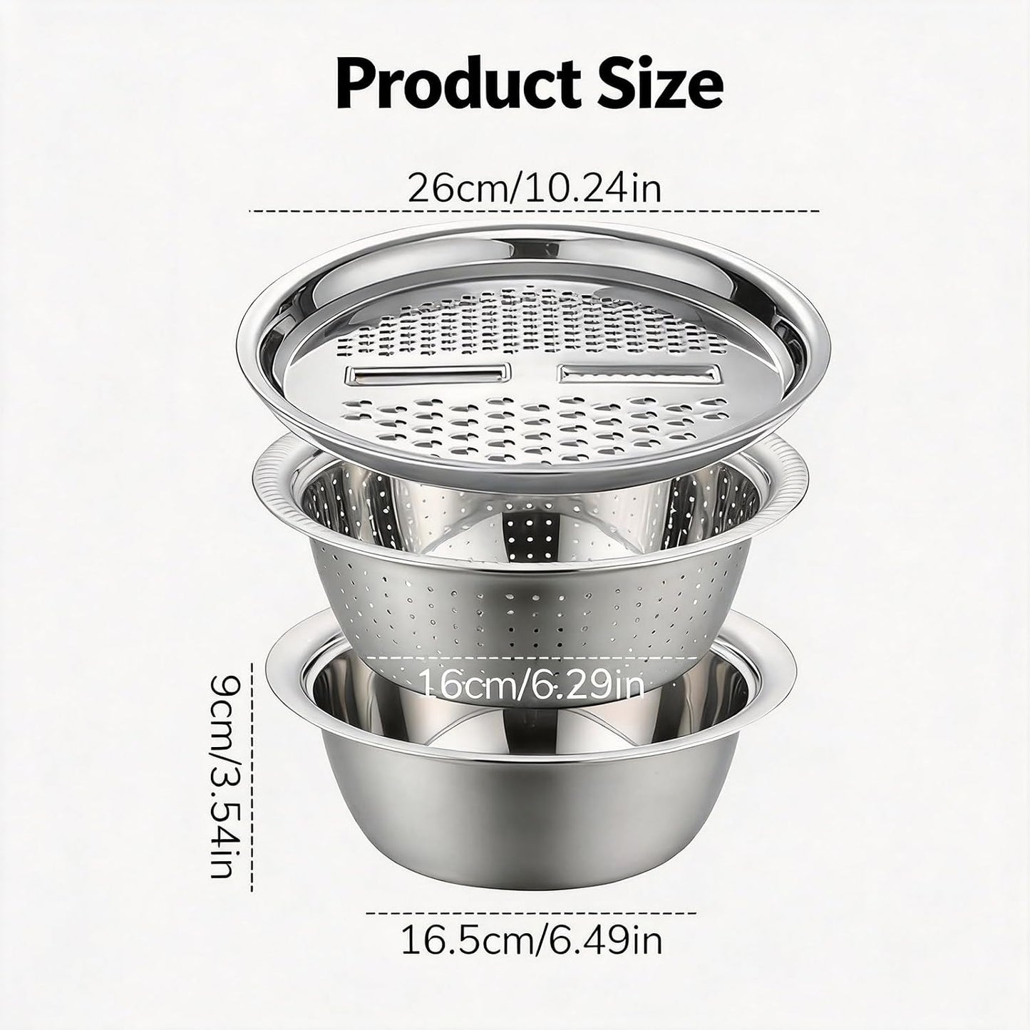 3 in 1 Stainless Steel Mixing Bowls Set - Multifunctional Colander with Grater & Vegetable Slicer, Stackable Kitchen Strainer Drain Basket for Rinsing, Washing, Mixing & Food Prep, Food Grade, 3Pcs