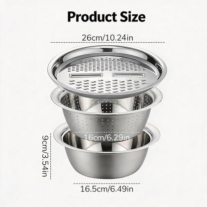 3 in 1 Stainless Steel Mixing Bowls Set - Multifunctional Colander with Grater & Vegetable Slicer, Stackable Kitchen Strainer Drain Basket for Rinsing, Washing, Mixing & Food Prep, Food Grade, 3Pcs