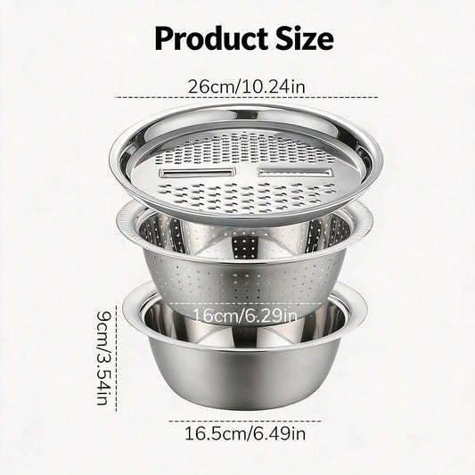 3 in 1 Stainless Steel Mixing Bowls Set - Multifunctional Colander with Grater & Vegetable Slicer, Stackable Kitchen Strainer Drain Basket for Rinsing, Washing, Mixing & Food Prep, Food Grade, 3Pcs