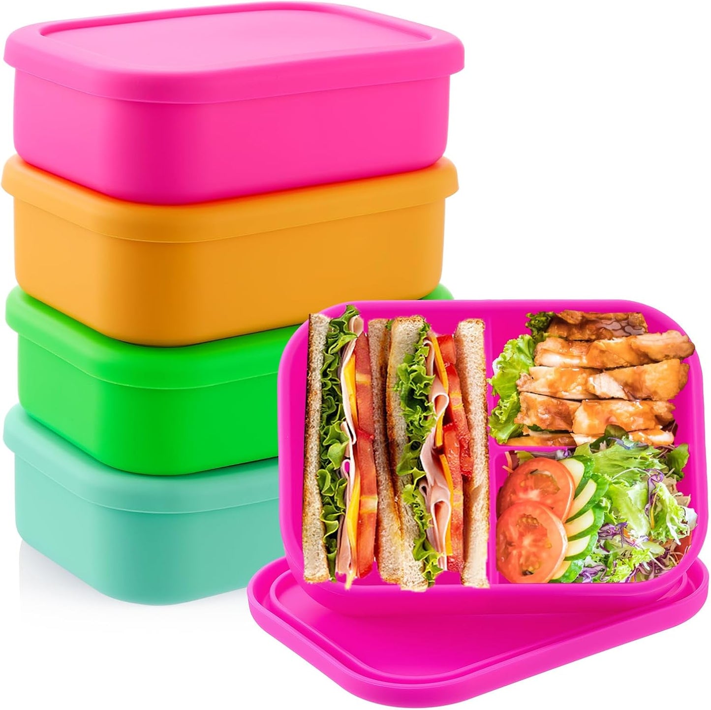 Layhit 4 Pcs Silicone Bento Box for Adults, 27 oz Bento Lunch Container Reusable 3 Compartment Lunchable Food Container for Women Men, Leak Proof Microwave Dishwasher Freezer Safe (Cool Colors)