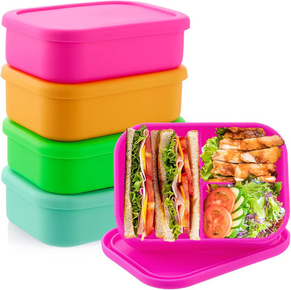 Layhit 4 Pcs Silicone Bento Box for Adults, 27 oz Bento Lunch Container Reusable 3 Compartment Lunchable Food Container for Women Men, Leak Proof Microwave Dishwasher Freezer Safe (Cool Colors)