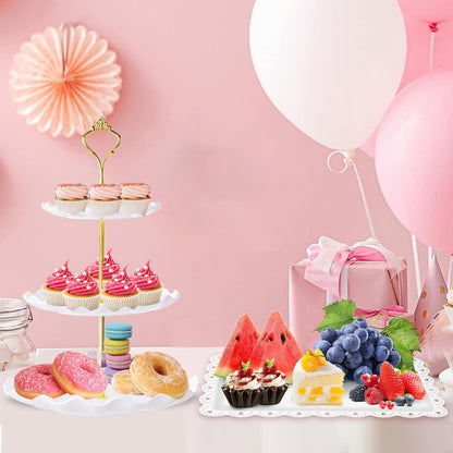 PinCute 5 Pcs Dessert Table Display Set - 2 X Cupcake Stand Holder/Cup Cake Tier Tower & 3 X Serving Tray Combo for Tea Party, Birthday, Baby Shower (Wave Square)