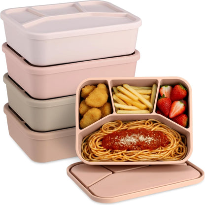 Honeydak 6 Pcs Silicone Bento Box Reusable Lunch Container 4 Compartment Snack Boxes with Lid Smooth LeakProof Rectangle Food Boxes for Adult Work Travel Food Storage (Cute Color)
