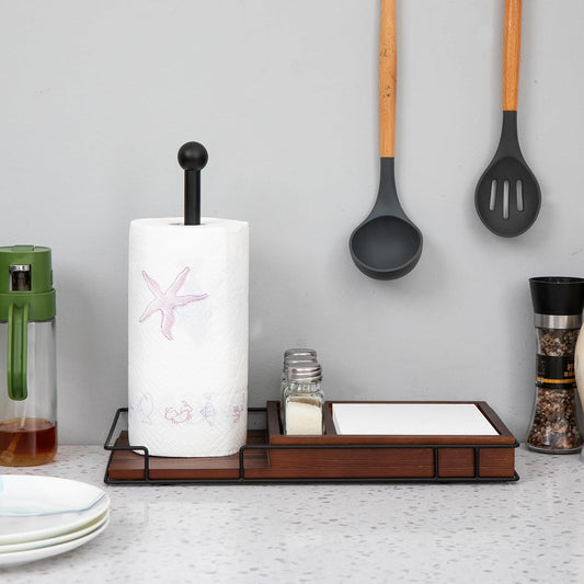 Rustic Brown Wooden Kitchen Countertop Paper Towel Roll Holder Spice Jar Rack Shakers Vintage Brass Metal Design Napkin Dispenser Dining Table Caddy Organizer Condiments Home Outdoor Picnic