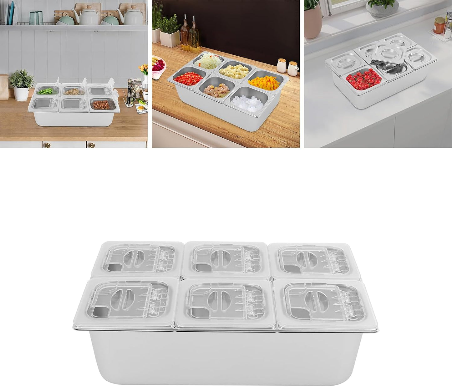 3/4/6 Compartment Stainless Steel Fruit Serving Set with Removable Acrylic Lids, Drainage Mats - Commercial Food Storage Containers for Buffet, Restaurant (3-Pan)